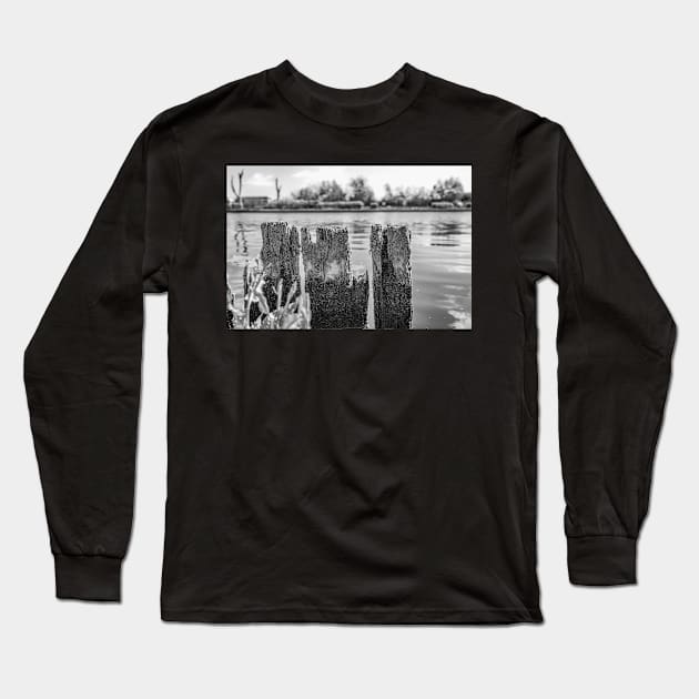 Wooden mooring posts on the River Bure, Horning Long Sleeve T-Shirt by yackers1